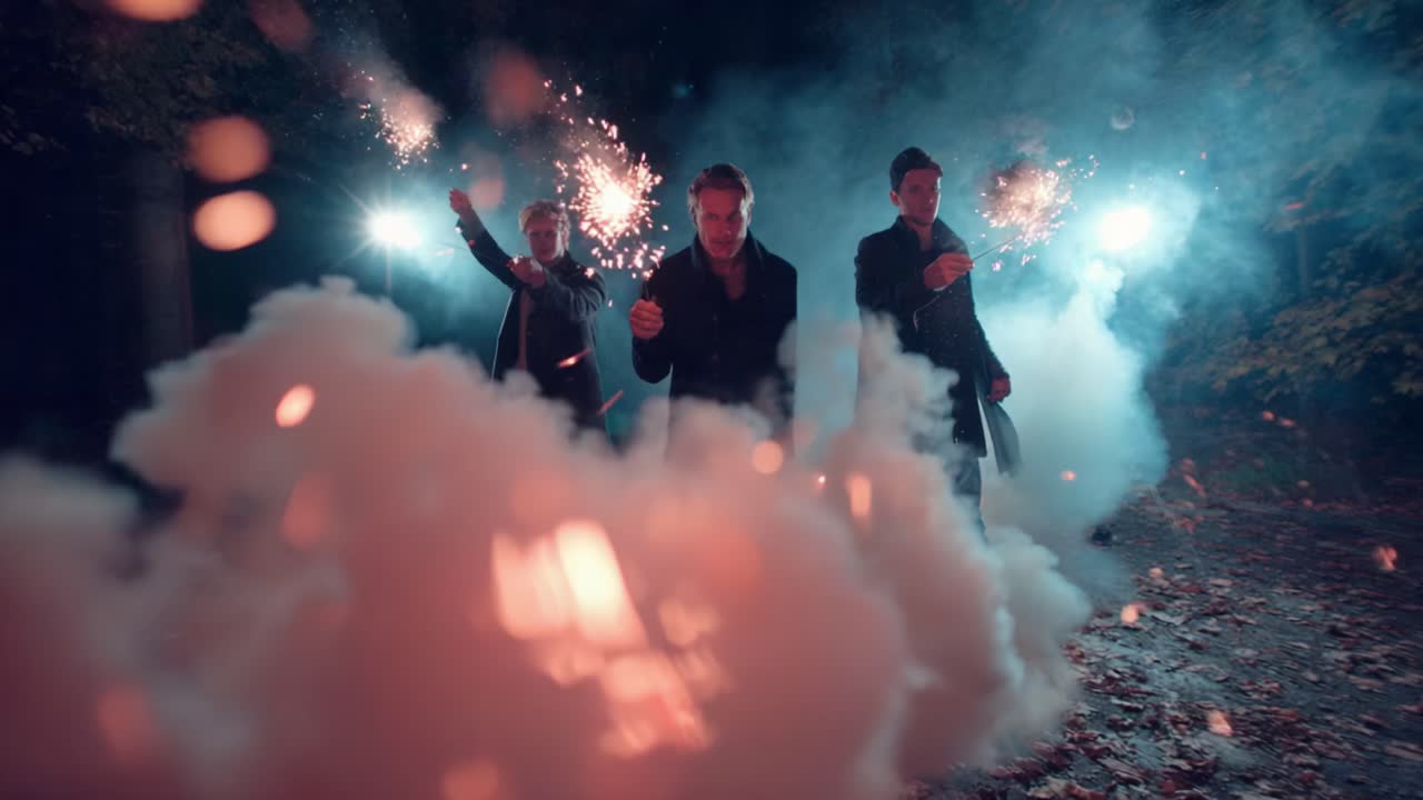 A trio of figures engage in a mesmerizing display of light and smoke, wielding sparklers in the darkness of a forest. Their movements create a captivating atmosphere full of excitement