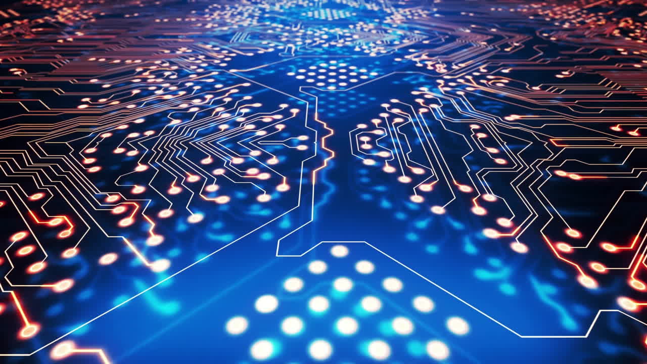 Circuit board animation with glowing lights and intricate patterns