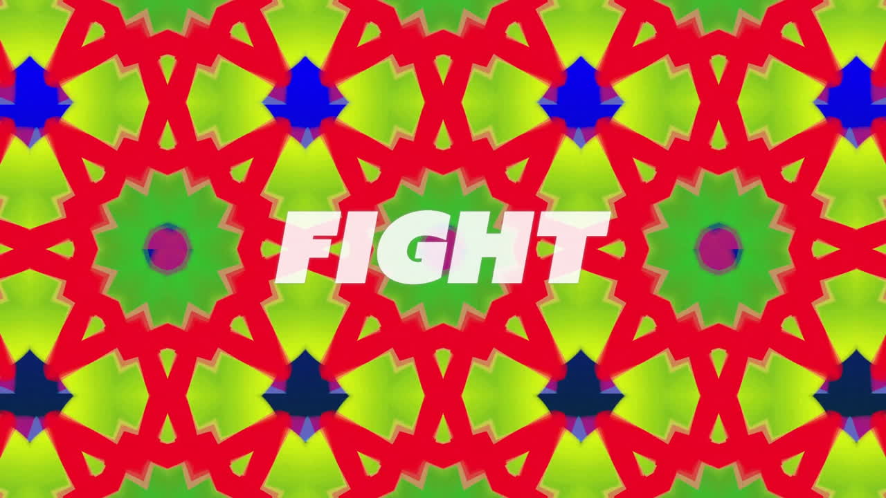 Colorful geometric pattern with vibrant red and green shapes featuring FIGHT text