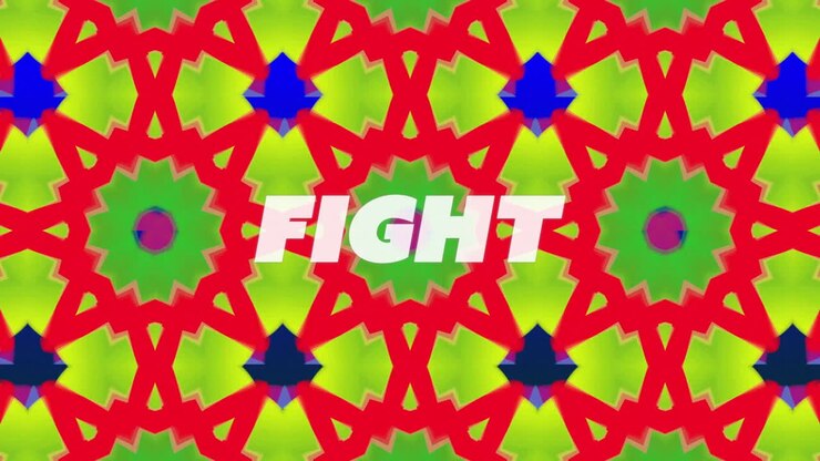 Motivo geometrico colorato con forme vibranti rosse e verdi che mostrano il testo FIGHT