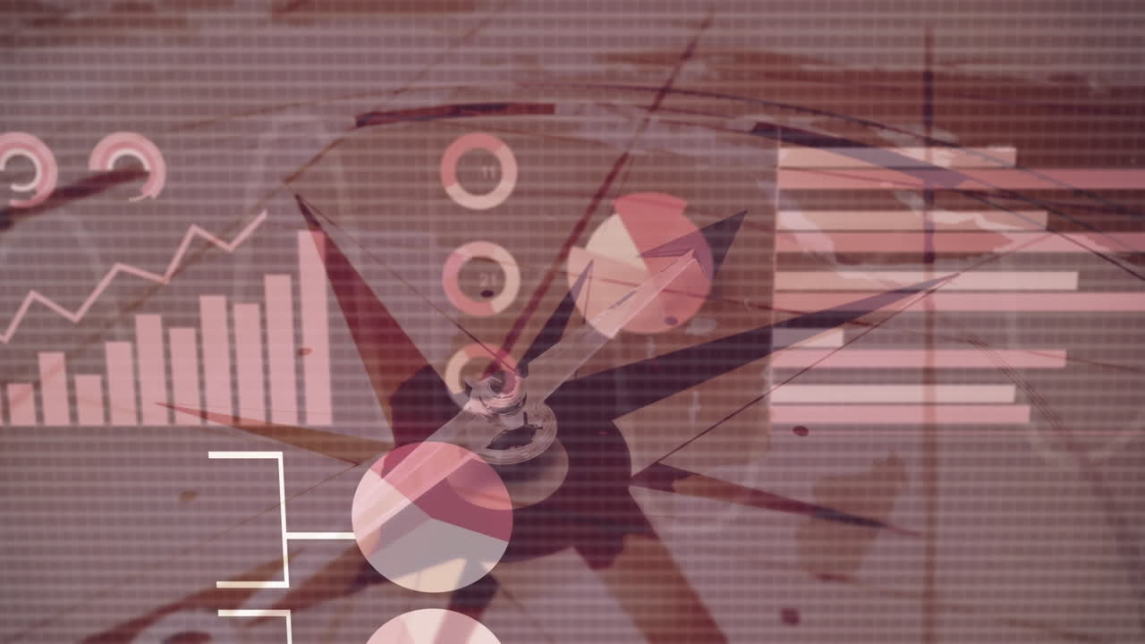 animación de estadísticas y datos sobre brújula con aguja móvil y mapa del mundo