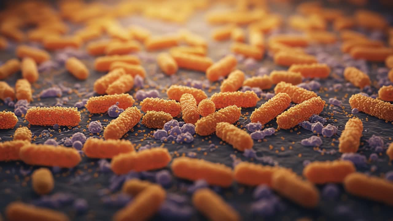 Microscopic View of Bacteria: A Detailed Exploration of Colorful Microorganisms on a Surface Representing a Complex Ecosystem in Biotechnology