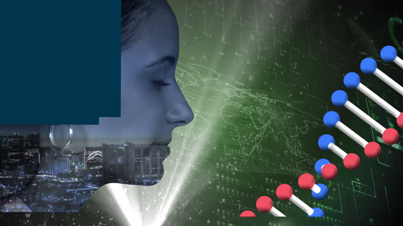 animación de la cadena de adn girando sobre el rostro de la mujer y procesamiento de datos