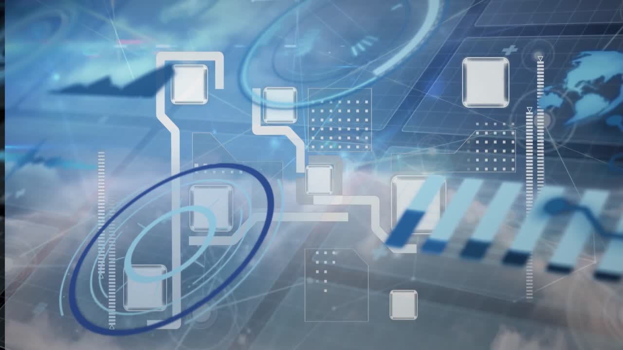 데이터 처리 및 컴퓨터 회로판의 애니메이션이 구름과 함께 하늘 위에 있습니다.