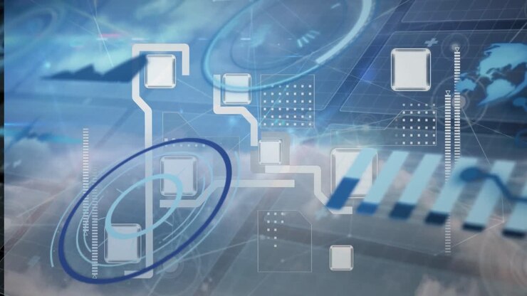 Animation of data processing and computer circuit board over sky with clouds