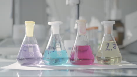 chemical solutions in laboratory flasks