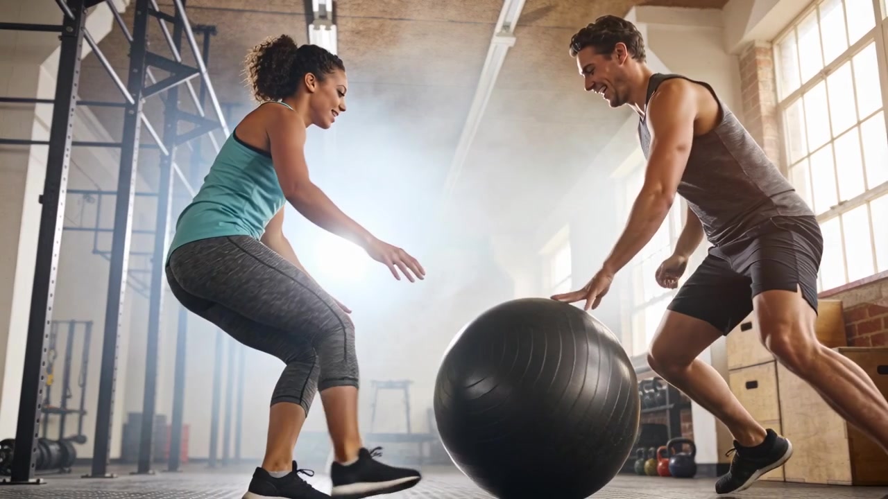 Pushing pair passing med ball in gym, woman initiating push for power training in workout gear