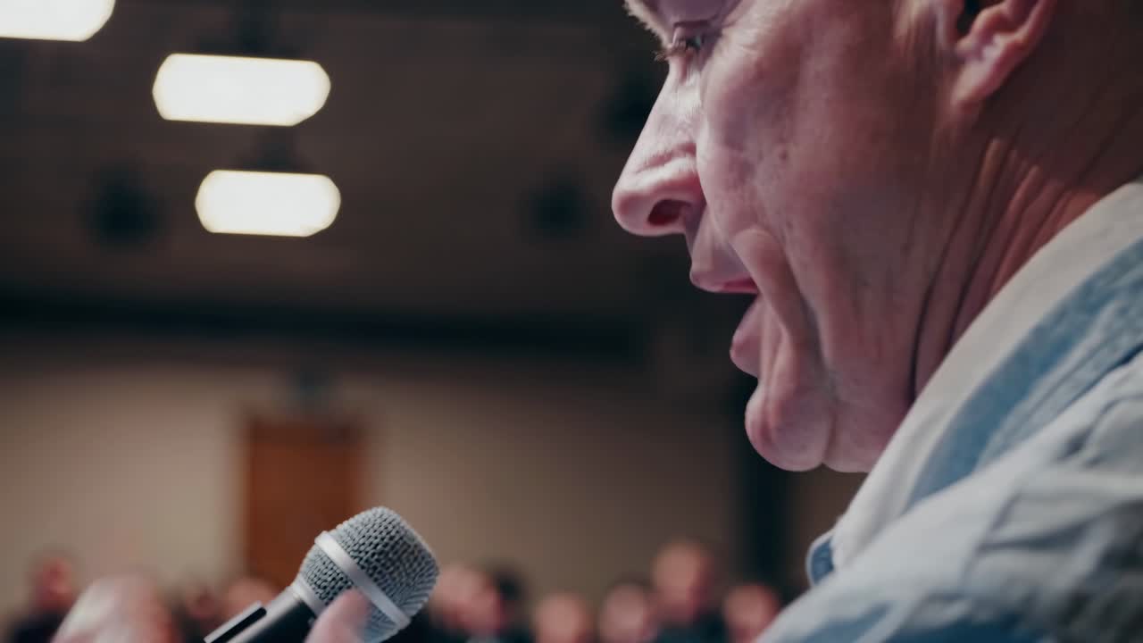 Close-up video shot from a low angle, capturing a speaker at a podium with a microphone