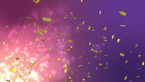 gold confetti falling animation over purple and pink cosmic background