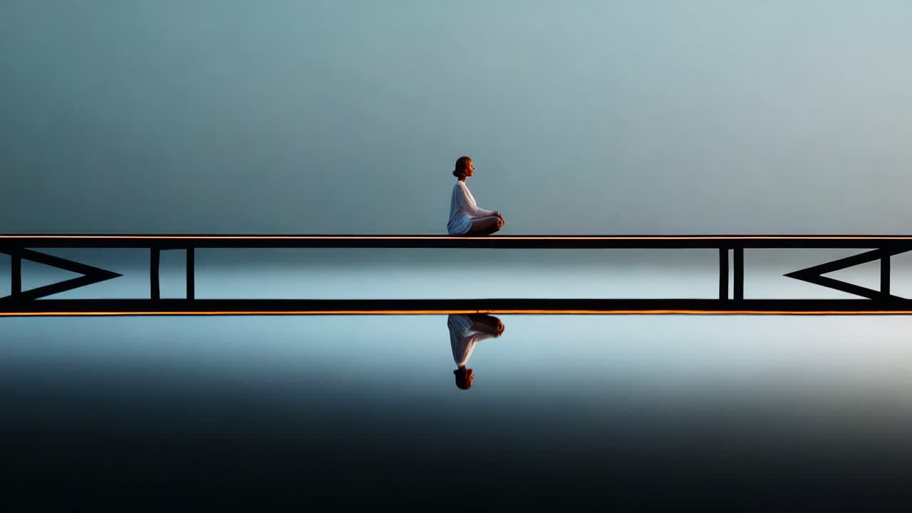 A tranquil moment captured, showcasing a serene individual meditating peacefully on a reflective platform over still waters, surrounded by soothing hues of blue and orange in the dawn light