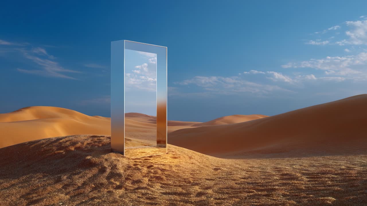 Una misteriosa porta a specchio che si erge solitaria tra le vaste sabbie del deserto sotto un cielo luminoso, a simboleggiare un passaggio verso un'altra dimensione o realtà.