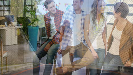 group of young adults relaxing and smiling over urban street scene animation