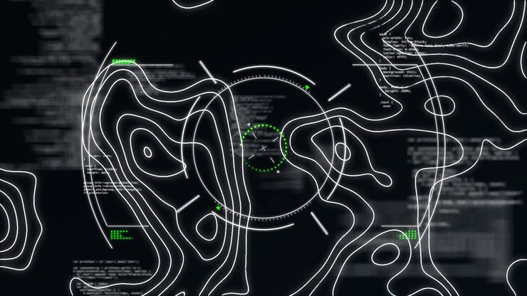 Digital animation of topography and scope scanning over data processing on black background