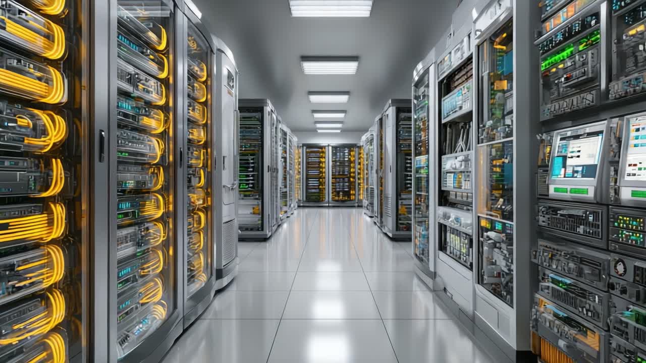 A High-Tech Data Center Featuring Rows of Servers and Network Equipment Optimized for Performance and Reliability in Modern Computing Environments