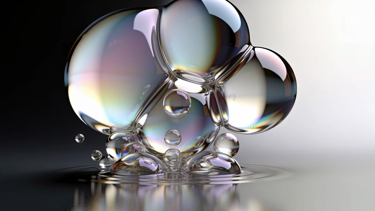 Descending multi-lobed bubble cluster contacting reflective tabletop, flattening with film thinning