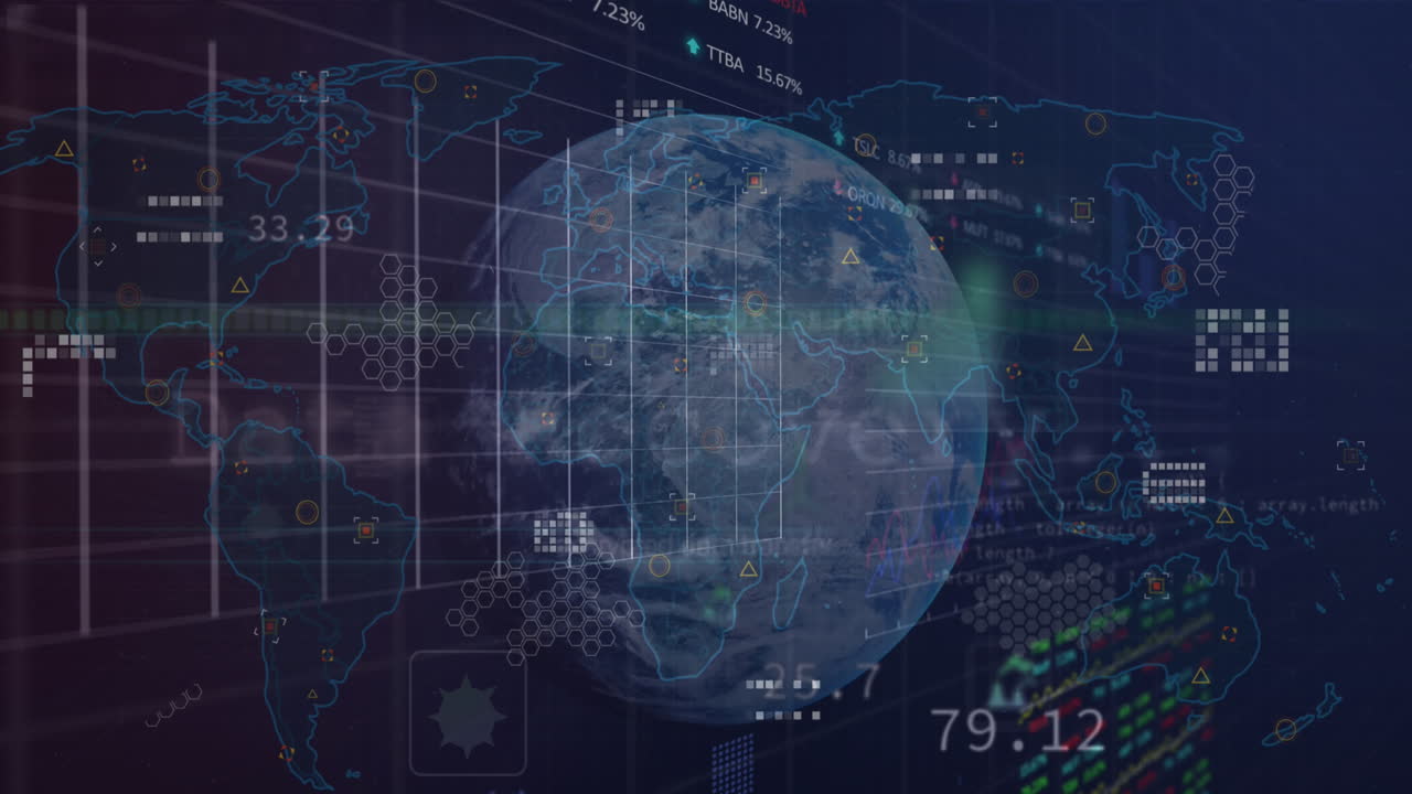 Animation of statistical and stock market data processing over spinning globe and world map