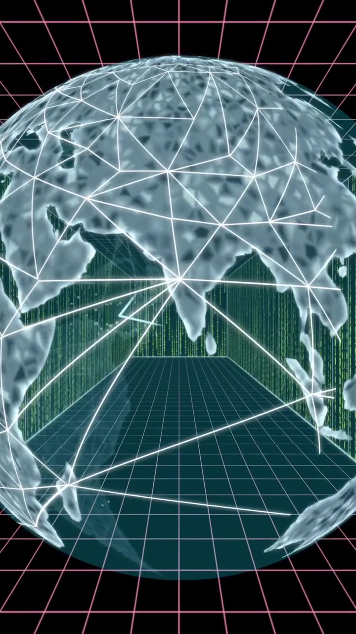 Animation of network of connections, binary coding and data processing over globe