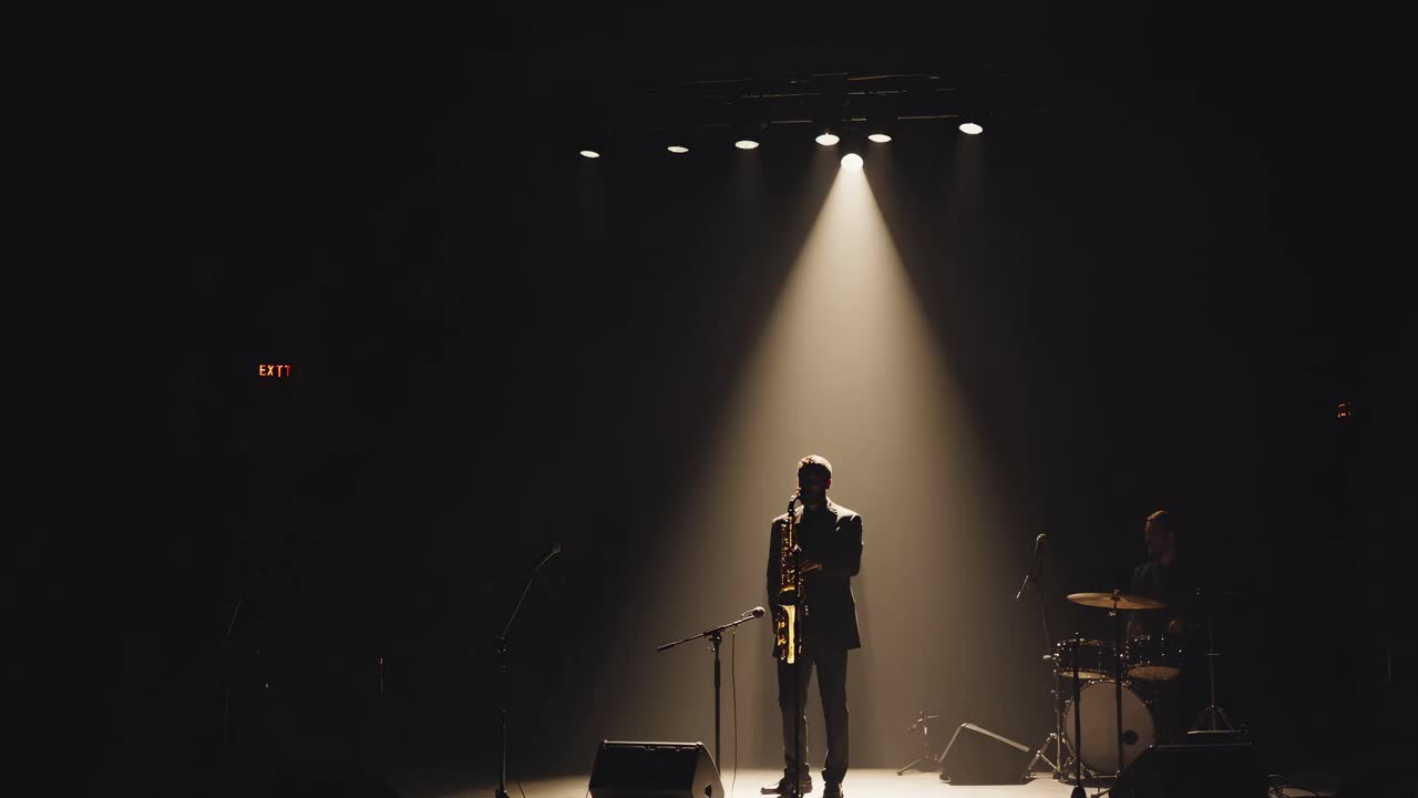 A moody, low-angle video shot of a saxophonist on stage, illuminated by a spotlight