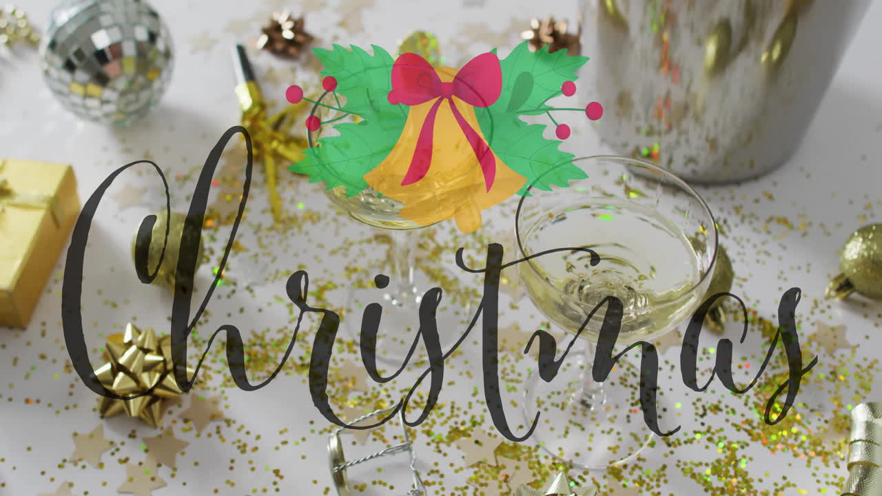 Christmas text animation over festive decorations and champagne glasses