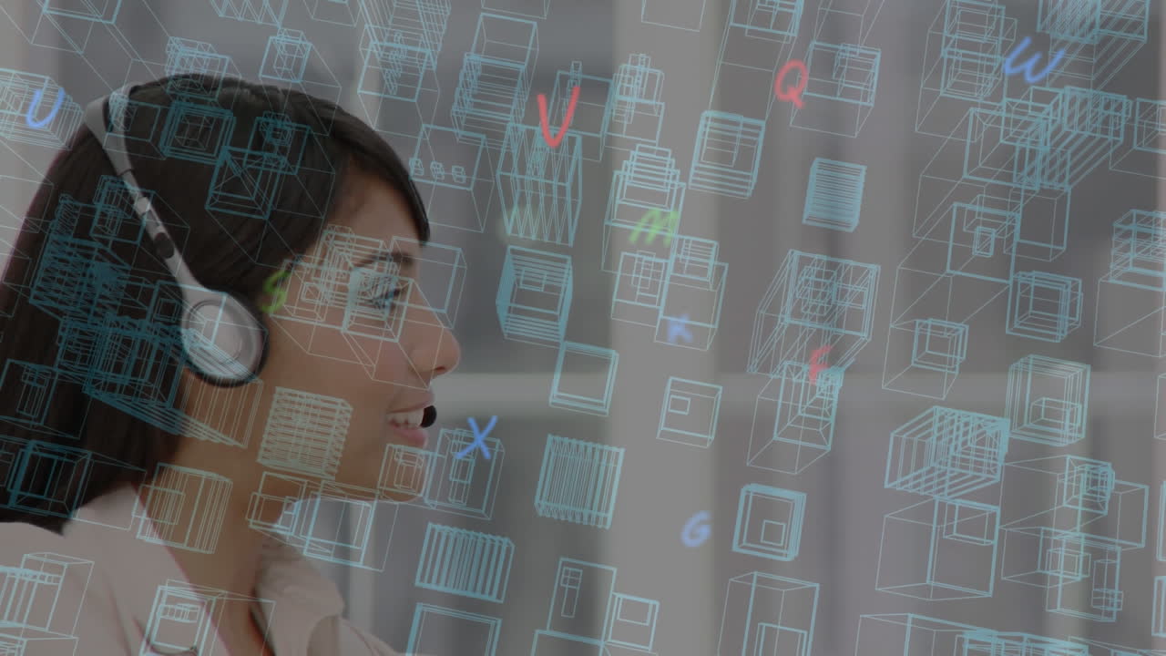 animación de un modelo de ciudad en 3d y basura sobre una mujer de negocios con auriculares de teléfono