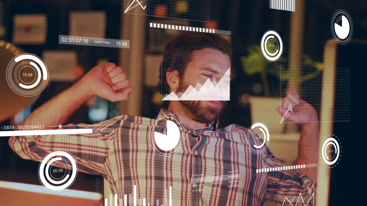 Man sitting in office performing data analysis with floating graphs, stretching fatigued