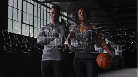 animation of word hello over man and woman standing and holding basketball