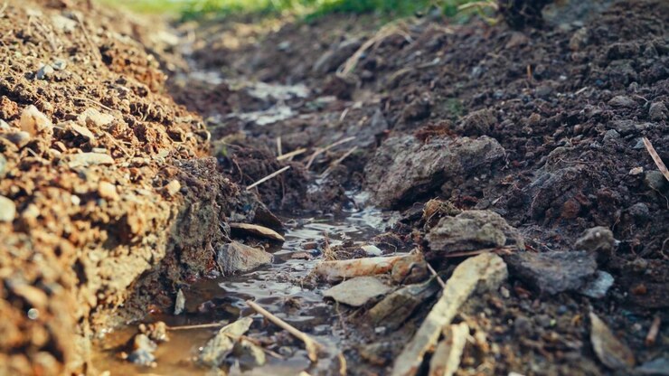 Stretto fossato scavato nel terreno umido con acqua fangosa che scorre all'interno in una fattoria. - ripresa statica