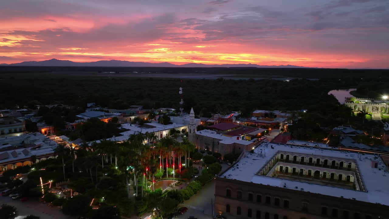 Aerial view over the downtown of El Fuerte, moody sundown in Sinaloa, Mexico