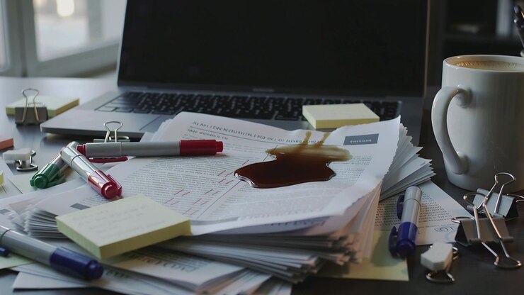 Showing printed document stack absorbing spilled coffee from ceramic mug on messy desk with laptop