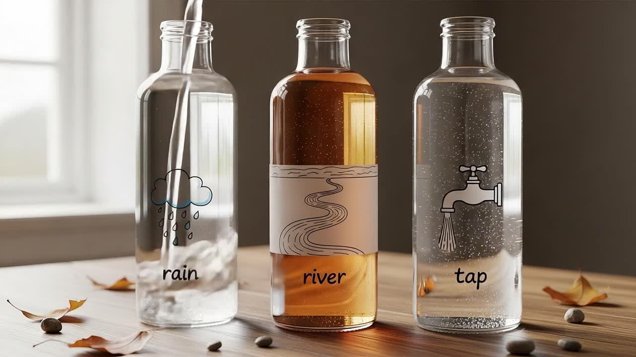 A Showcase of Water Sources: A Visual Representation of Rain, River, and Tap Water Captured in Transparent Bottles