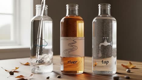 a showcase of water sources: a visual representation of rain, river, and tap water captured in transparent bottles