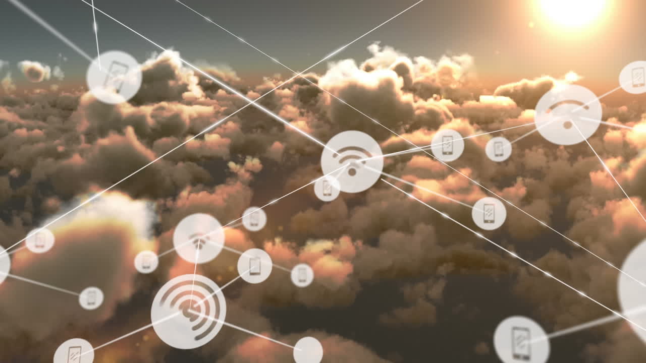 animación de la red de conexiones con iconos sobre nubes