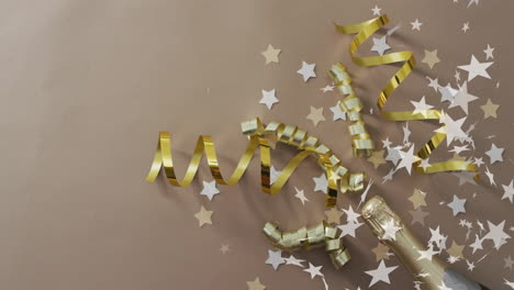 gold ribbons and stars with champagne bottle, celebration animation