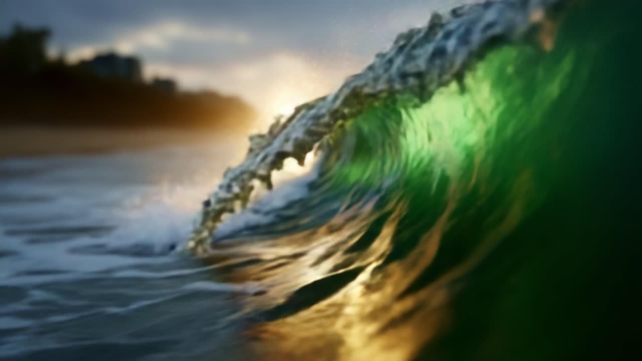 Catturare la bellezza delle onde oceaniche: una straordinaria rappresentazione di luce e colore nel movimento fluido mentre il sole tramonta all'orizzonte