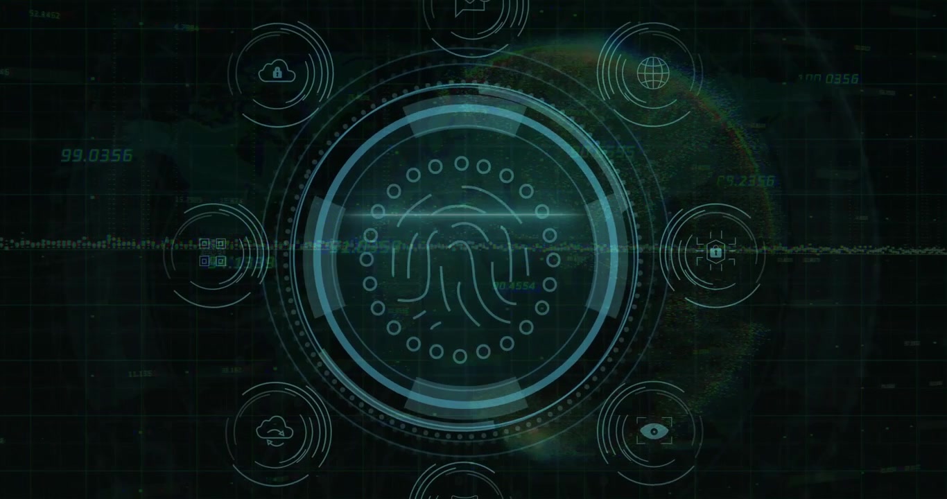 Central circular HUD showing pulsing fingerprint graphic with glitch waveform and security icons