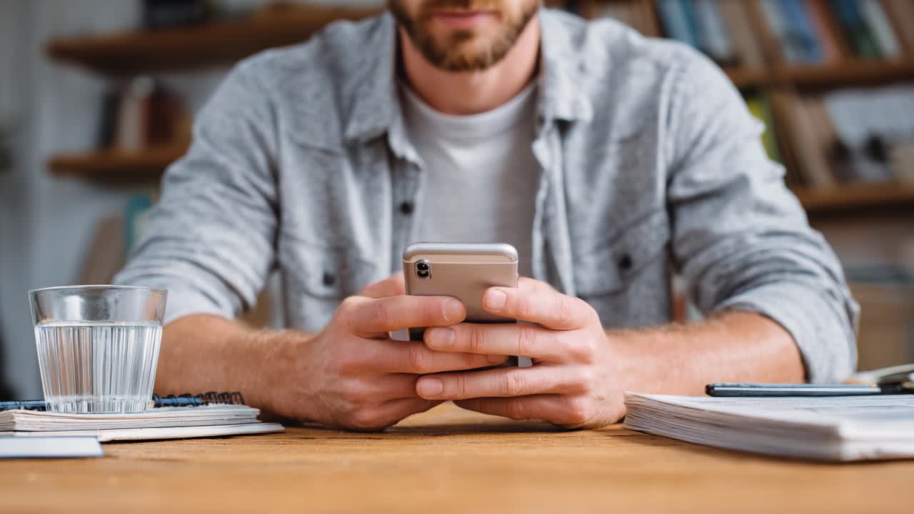 A focused individual engages with a smartphone while seated at a wooden table, highlighting the blend of modern technology and everyday life in a serene environment