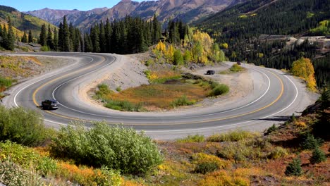 aerial view of cars travelling on a curvy section of the million dollar highway in the san juan mountains of colorado