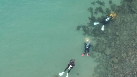 Arial-view-of-three-scuba-divers-underwater-following-each-other-using-waterproof-torches