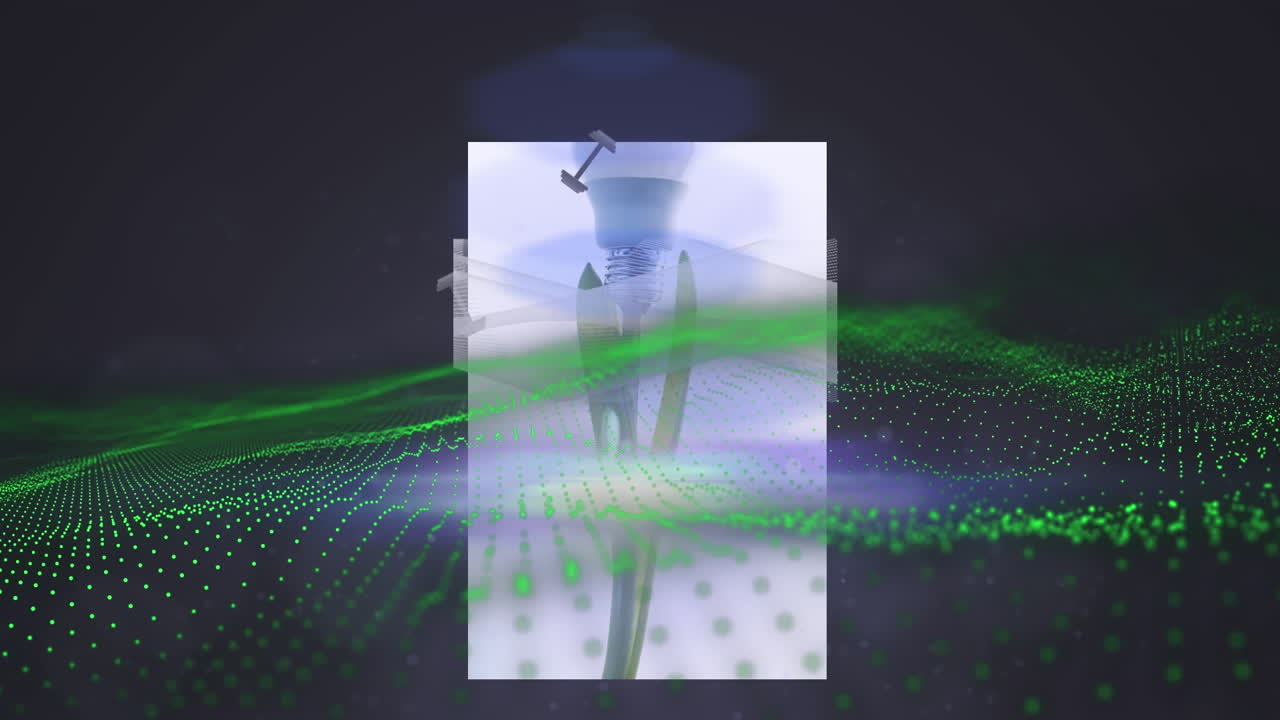 animación de la planta y la bombilla en caja blanca y puntos que forman un patrón de onda sobre fondo negro