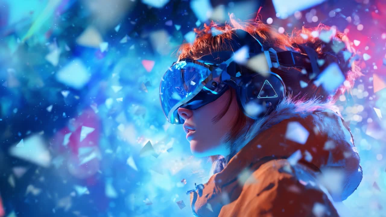 Immersive Virtual Reality Experience: A Young Person Wearing High-Tech VR Headset Surrounded by Dynamic Colorful Particles and Digital Effects in a Futuristic Atmosphere