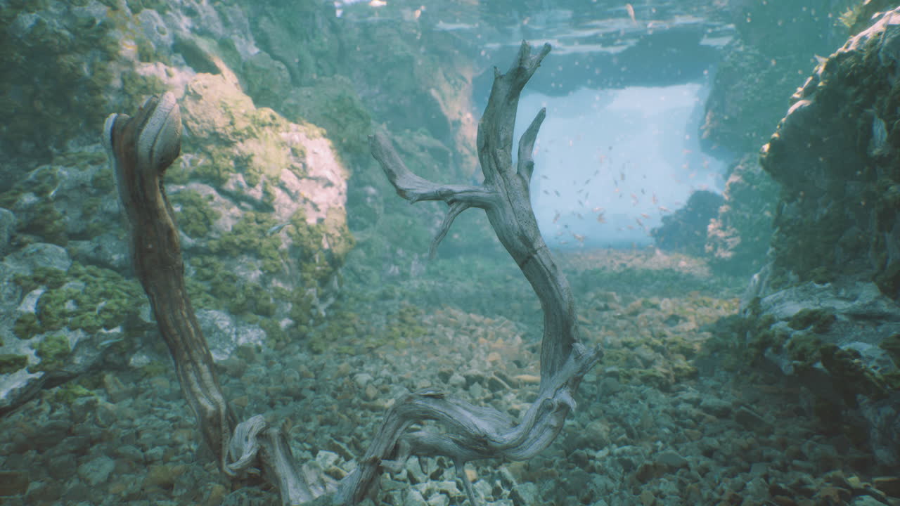 Underwater view with driftwood and clear water in a natural setting