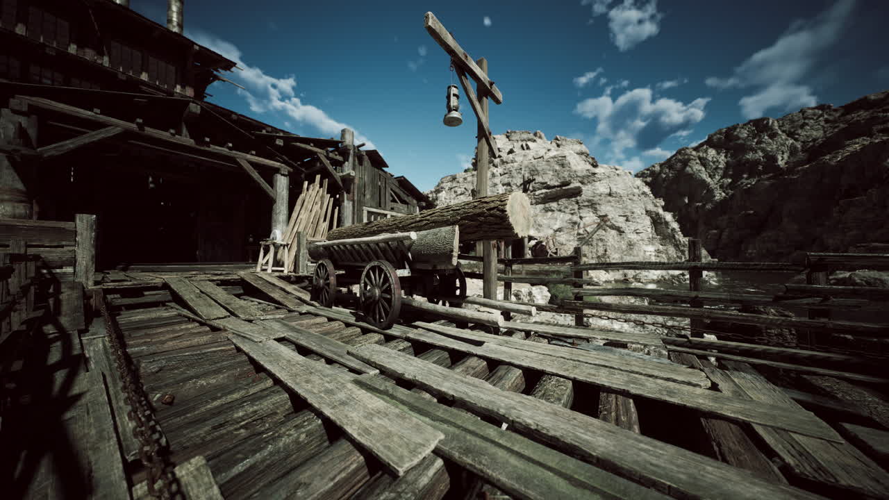Old wooden structure with a cart and log beside rocky terrain under clear sky