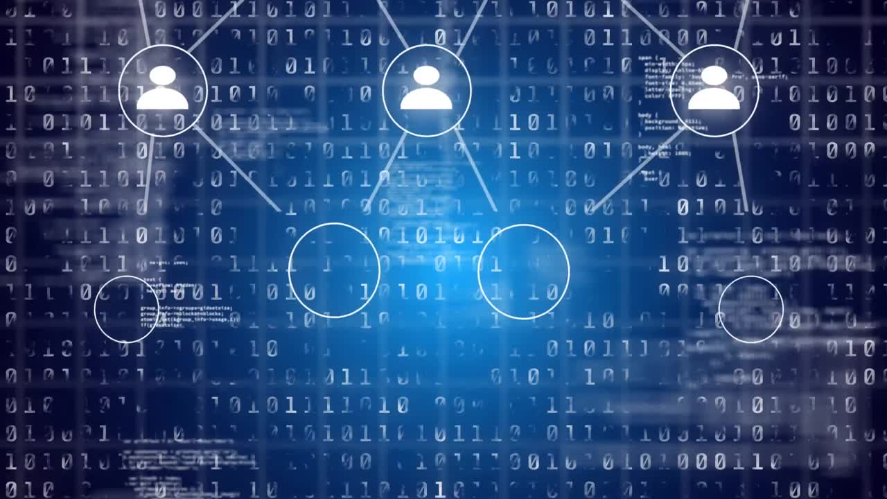 Animation of digital icon and binary coding data processing over blue background