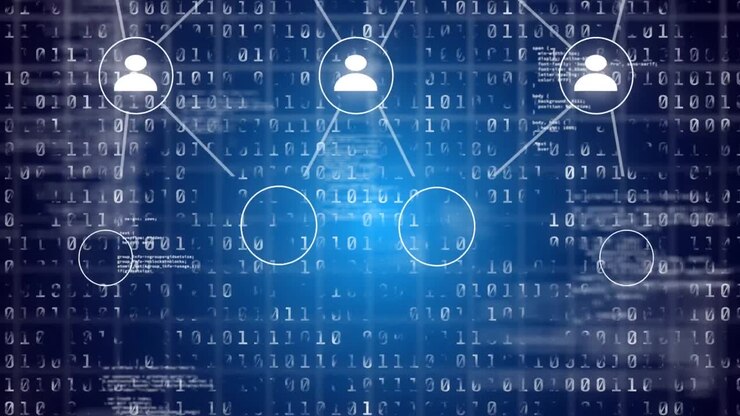 Animasjon av digitalt ikon og binær koding databehandling over blå bakgrunn