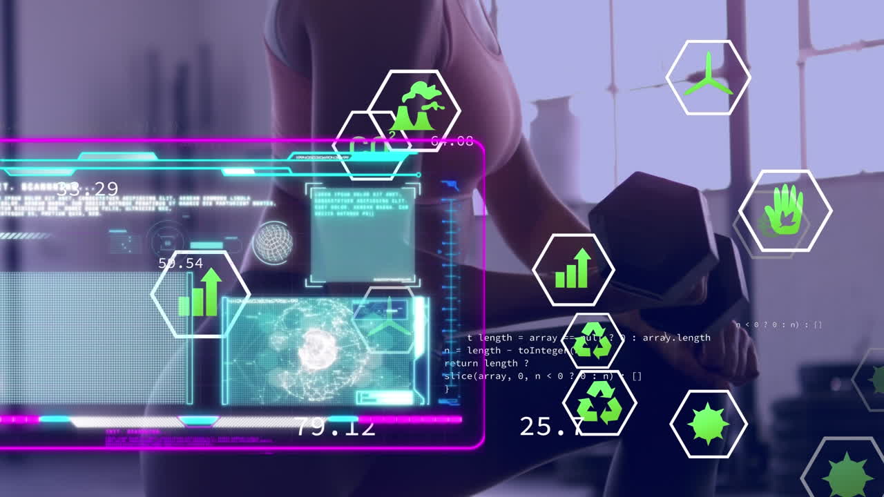 Animation of data processing over woman exercising