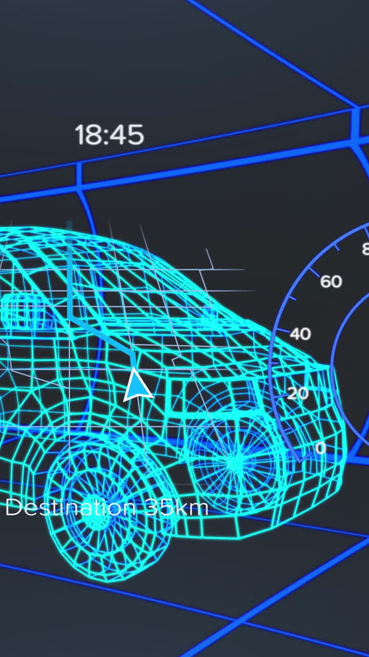animación del velocímetro, el gps y los datos del estado de carga en la interfaz del vehículo, en un modelo de furgoneta 3d