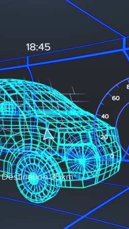 animation of speedometer, gps and charge status data on vehicle interface, over 3d van model