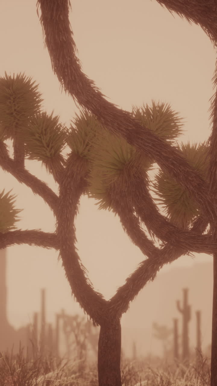 un árbol de yuca solitario se alza en el desierto, con una oscura puesta de sol en el fondo.