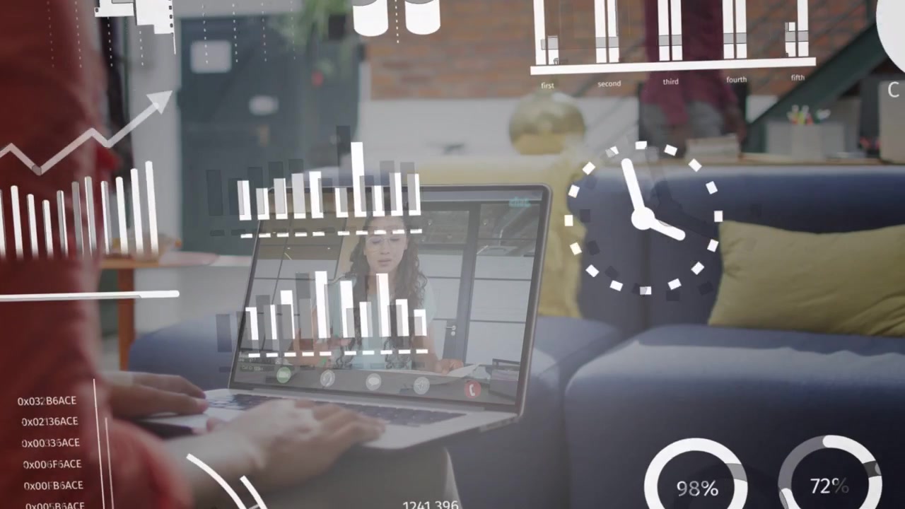 Operator typing laptop, HUD charts growing into business dashboard as remote colleague speaking