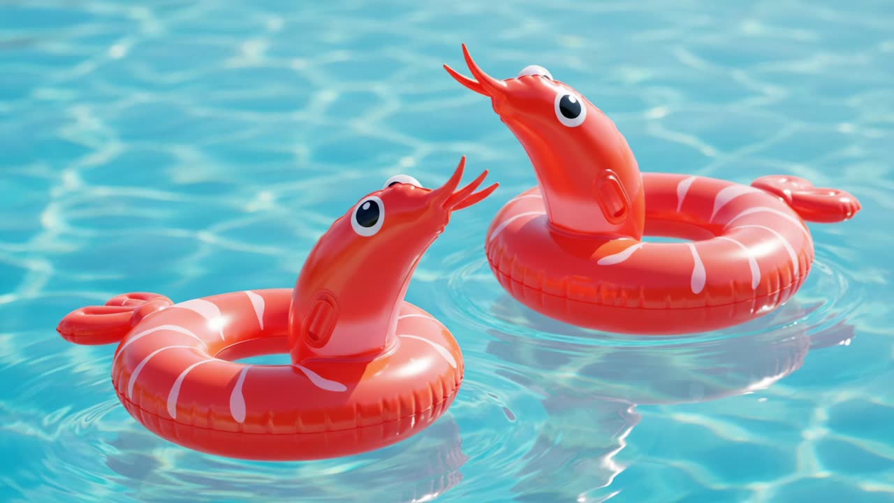 Two Playful Inflatable Shrimp Floats Enjoying a Sunny Day in a Sparkling Blue Pool Water, Bringing Joy and Fun to Summer Water Activities